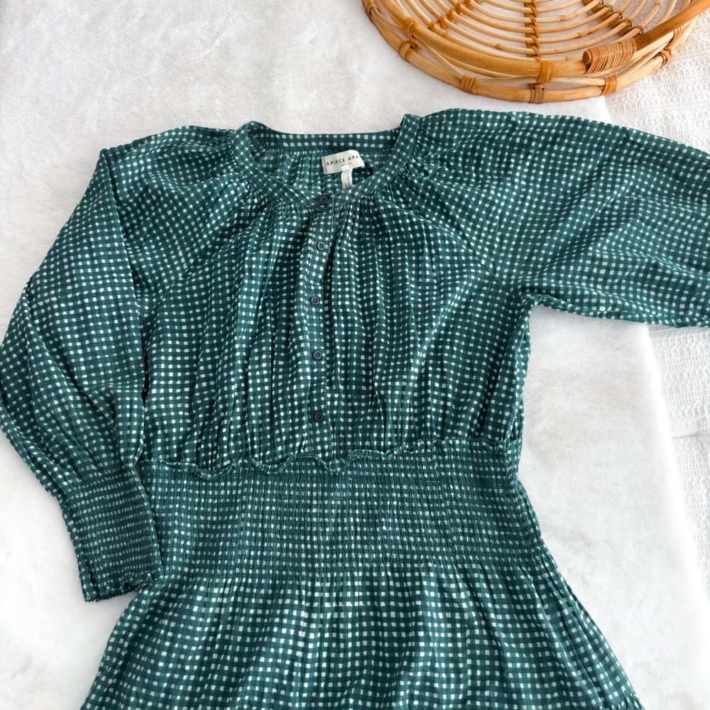 Apiece Apart La Ventura Maxi Dress Green Smocked Long Sleeves Mini Gingham - Picture 6 of 11